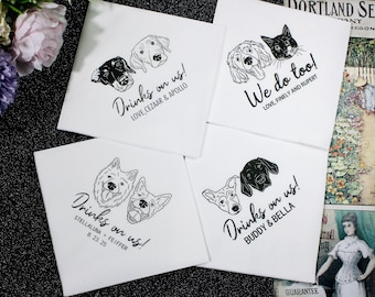 Servilletas de cóctel personalizadas a juego para parejas de mascotas para bodas - Personalizadas para la celebración de la boda de 2 perros o gatos - Juego de servilletas de cóctel con foto