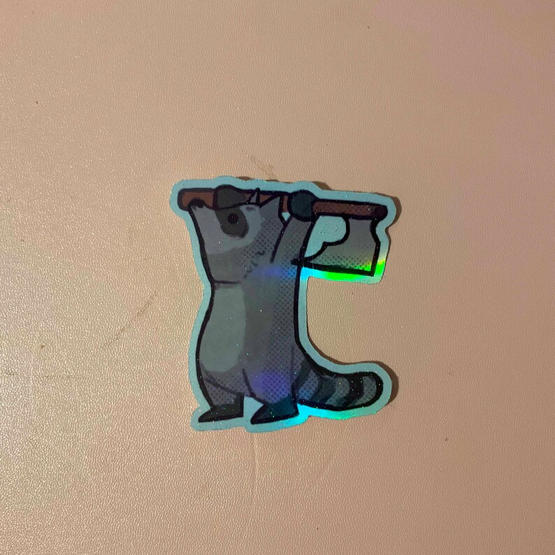 May include: A holographic sticker of a raccoon holding an axe above its head. The raccoon is gray with a black nose and eyes. The axe is brown with a silver blade.