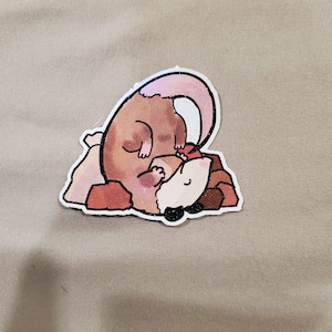 May include: A cartoon illustration of a brown and white opossum curled up on a pile of rocks. The opossum has a pink tail and is sleeping.