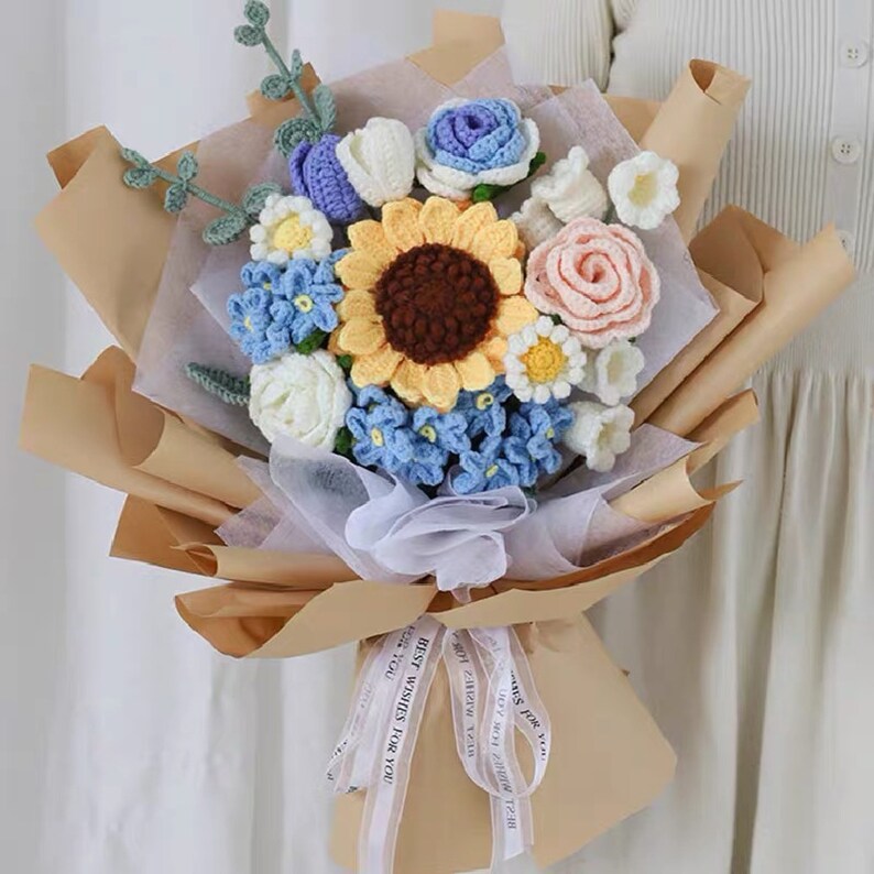 Knitted Flower Bouquetcrochet Mix Bouquetcrochet Sunflower Etsy