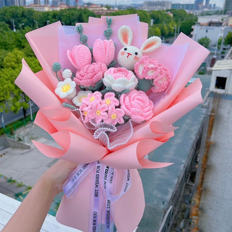 Pink Crochet Rabbit Flower Bouquetcrochet Rose Flowerknitted - Etsy