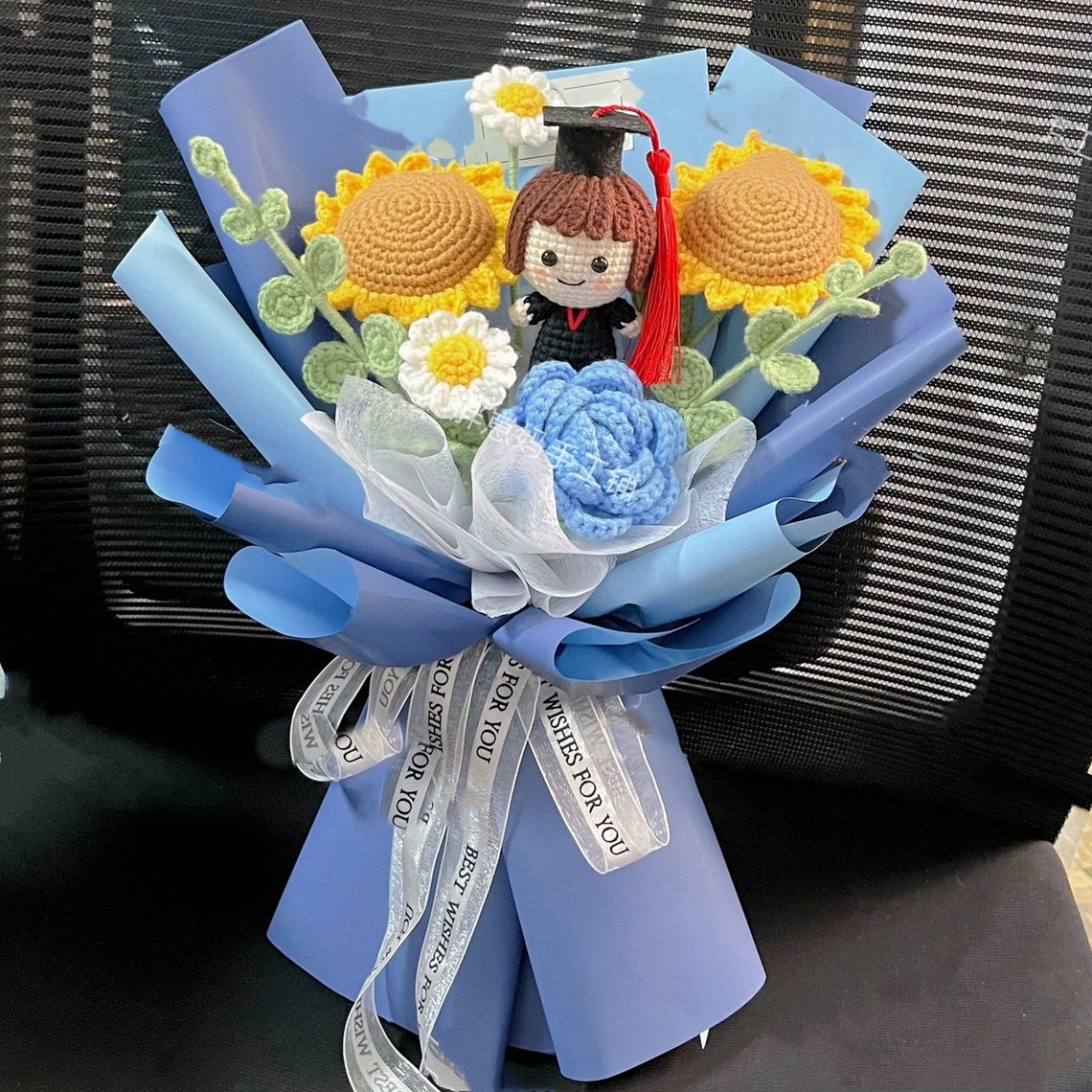 Blue Crochet Flower Bouquetcrochet Rose Flowerknitted Flower Etsy