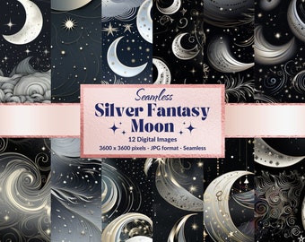 12 Silver Fantasy Moon Digital Paper, Celestial Background, Moon Junk Journal, Scrapbooking, Space Backdrop, Seamless Pattern