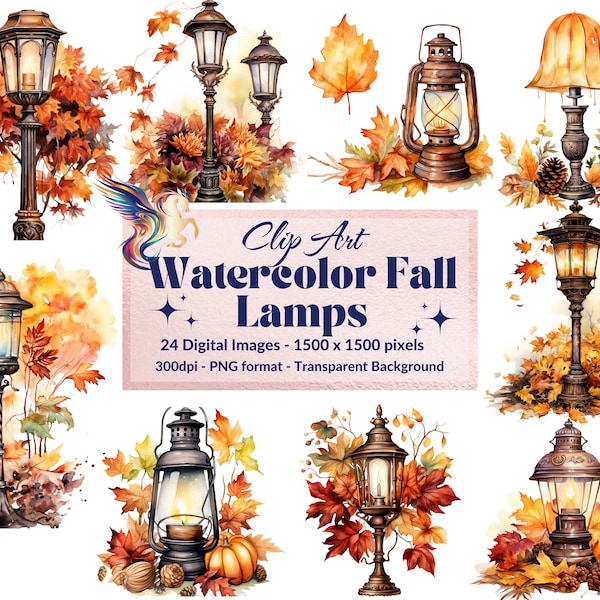 24 PNG Fall Watercolor Lamps PNG Clipart, Antique Lamps PNG, Victorian Lamps, Autumn Lamps, Fall Season Lamps