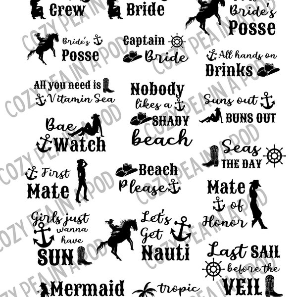 Coastal Cowgirl Nautical Themed Bachelorette Party Digital Download Designs for T-Shirts Sweatshirts etc, Country Western Beach, PNG SVG PDF
