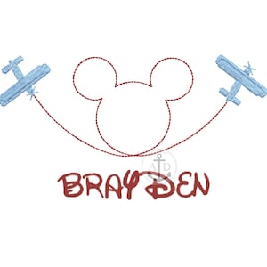 May include: White background with a red outline of Mickey Mouse ears, two light blue airplanes, and the name "BRAY DEN" in red. The airplanes appear to be flying around the Mickey Mouse outline.