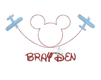 Maus Kopf Flugzeug Stickdatei, Freizeitpark Mauskopf mit Flugzeug Stickdatei, Mickey Stickdatei Flugzeug Loop Maschinenstickerei