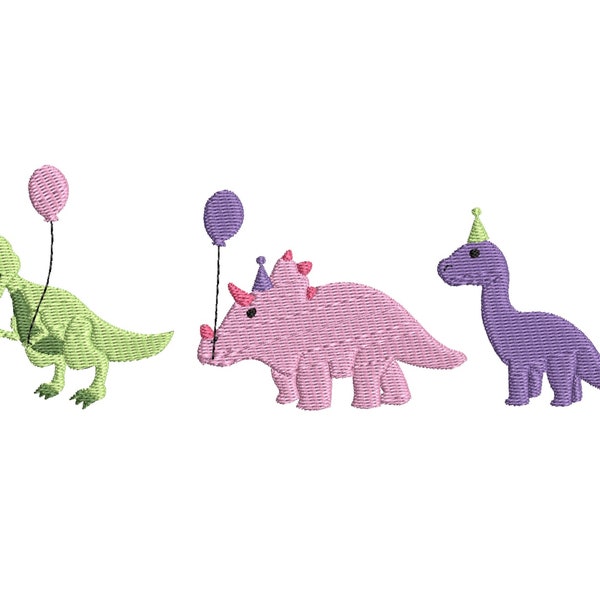 Dinosaur Birthday Party Embroidery File Design, Dinosaurs with balloons and party hats embroidery file, girls birthday embroidery design