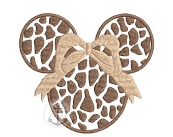 Mouse Head initial with bow embroidery design file, mouse ears with bow, girl mouse ears, animal kingdom ears with bow, giraffe print mouse