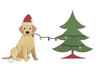 Weihnachtshund mit Nikolausmütze, Weihnachtshund schmückt Weihnachtsbaum, Stickdatei Weihnachten, Stickdatei für Kinder