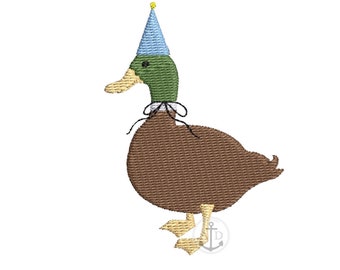 Birthday Duck Embroidery design, duck with birthday hat, duck with bow and hat embroidery, kids birthday party embroidery design