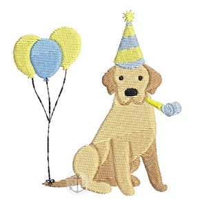 May include: An embroidered design of a golden retriever wearing a party hat and holding a party favor. The dog is sitting with a set of yellow and blue balloons. The design is on a white background.