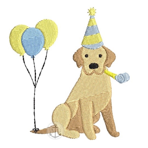 4x4 Birthday dog embroidery file, Dog with Balloons, Party Dog Embroidery file, Lab wearing party hat, cute birthday party embroidery design