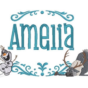 5x7 Winter Snowman Moose Embroidery Design file Frame, Olaf, Sven, frozen embroidery name design frame, frozen name frame. kids embroidery