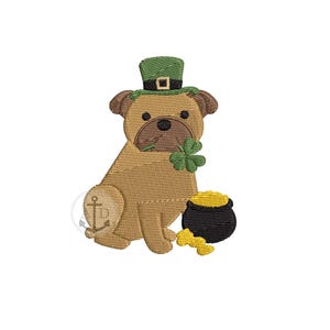 May include: Embroidered design of a tan pug wearing a green leprechaun hat and holding a shamrock. A black pot of gold and scattered coins are next to the dog. The design is on a white background.