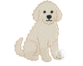 May include: An embroidered design of a seated, cream-colored dog with a fluffy coat. The dog has black eyes and a black nose, with a small, smiling mouth. The design is on a white background.