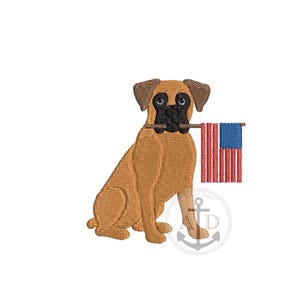 May include: An embroidered design of a tan Boxer dog sitting upright, holding a small American flag in its mouth. The flag features red and white stripes and a blue square with white stars. The dog has brown ears and a black muzzle.