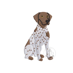 May include: An embroidered design of a seated dog, featuring a brown head and patches on a white body. The dog has brown eyes and a black nose, with a detailed stitch pattern. The design is likely for apparel or home decor.