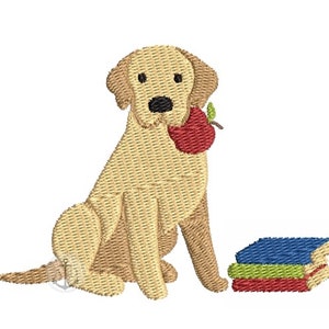 4x4 Back to School Dog Design, Hund mit Apfel, Back to school Embroidery File, Back to School Lab Dog Stickdatei, Schulhund mit Büchern