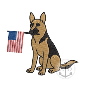 May include: Embroidered design of a German Shepherd dog holding a small American flag in its mouth. The dog is tan and black, with the flag featuring red and white stripes and a blue field with white stars.