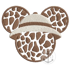 May include: Embroidered design of a cartoon animal head with brown giraffe print and a white safari hat.