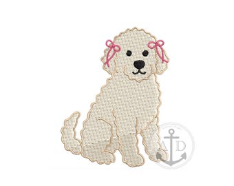 May include: An embroidered design of a seated, cream-colored dog with a fluffy coat. The dog has a black nose and eyes, and pink bows adorn its ears. The design is on a white background, with a nautical logo in the bottom right corner.