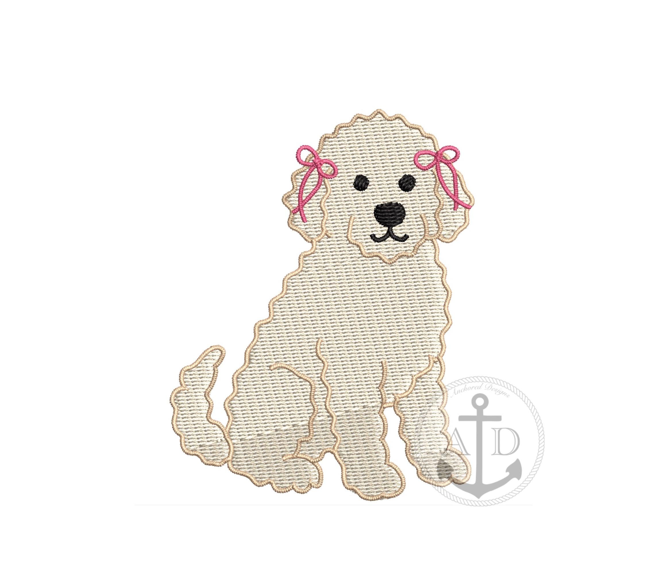 4x4 Golden Doodle Hund Stickdatei, Stickdatei Hund, Goldendoodle Stickdatei, süßes Mädchen golden Doodle mit Schleifen Stickdatei