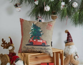 Wear Sierra Christmas Tree Little Red Car Pattern Pillow Cover Decorative Pillows Christmas Holidays Gift Xmas Décor  Living Room Home Décor