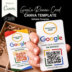 May include: Two Google review cards with the Google logo, QR codes, and the text "Share your experience on Google." The cards are white with red, yellow, green, and blue accents. The cards are in a brown box with the text "Made in Canva."