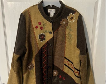 Damski sweter Vintage GRAFF Cardigan Brązowy Tan Patchwork Haft Rozmiar L