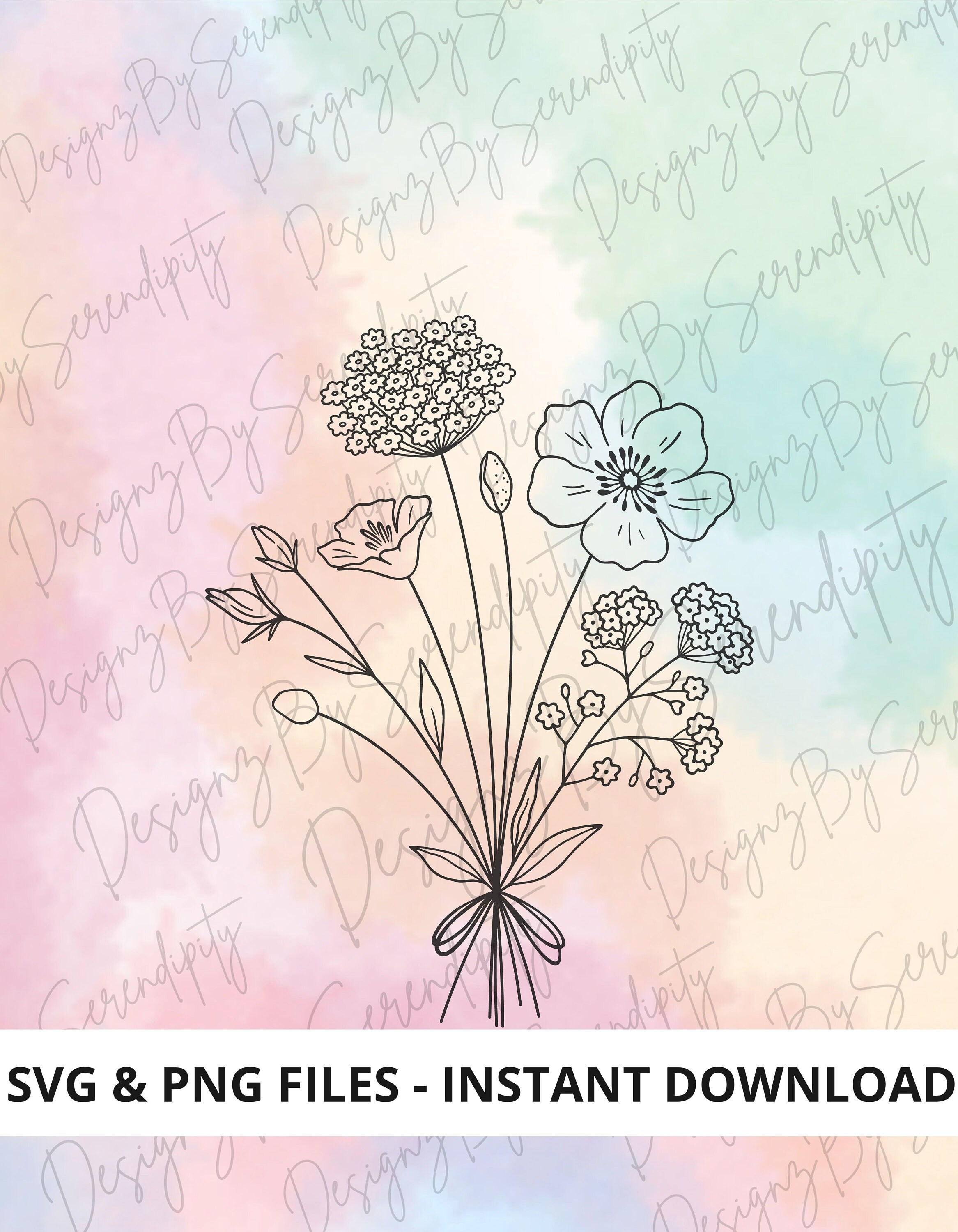 Wildflower Bouquet SVG Hand Drawn Clipart Flower PNG Etsy