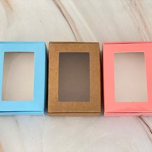 Set van 25 doorzichtige PVC-vensterkraft bruin blauw roze aangepaste papieren doos/verjaardagscadeau/bruiloft gunst/kleine verpakking/rechthoek/85×60×30mm
