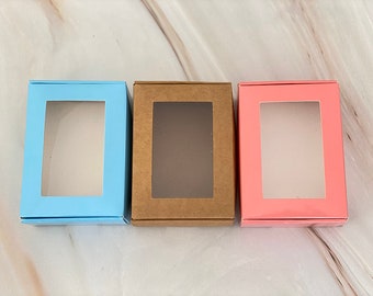 Set Of 25 Clear PVC Window Kraft Brown Blue Pink Custom Paper Box/Birthday Gift/Wedding Party Favour/Small Packing Box/Rectangle/85×60×30mm