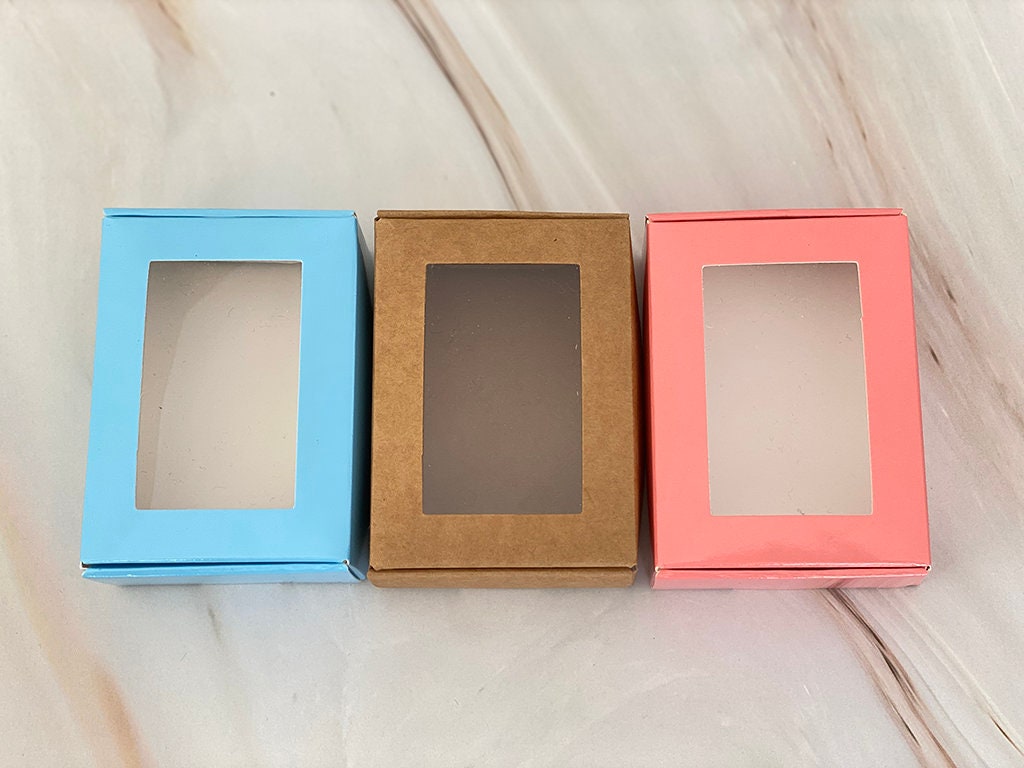 Set Of 25 Clear PVC Window Kraft Brown Blue Pink Custom Paper Box/Birthday Gift/Wedding Party Favour/Small Packing Box/Rectangle/85×60×30mm
