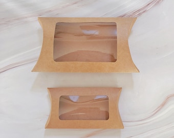 Set Of 25 Pillow Shape Packing Boxes Paper Pouches With Clear PVC Window/Kraft Brown Cardboard/Birthday Gift/Wedding Party Favour Package
