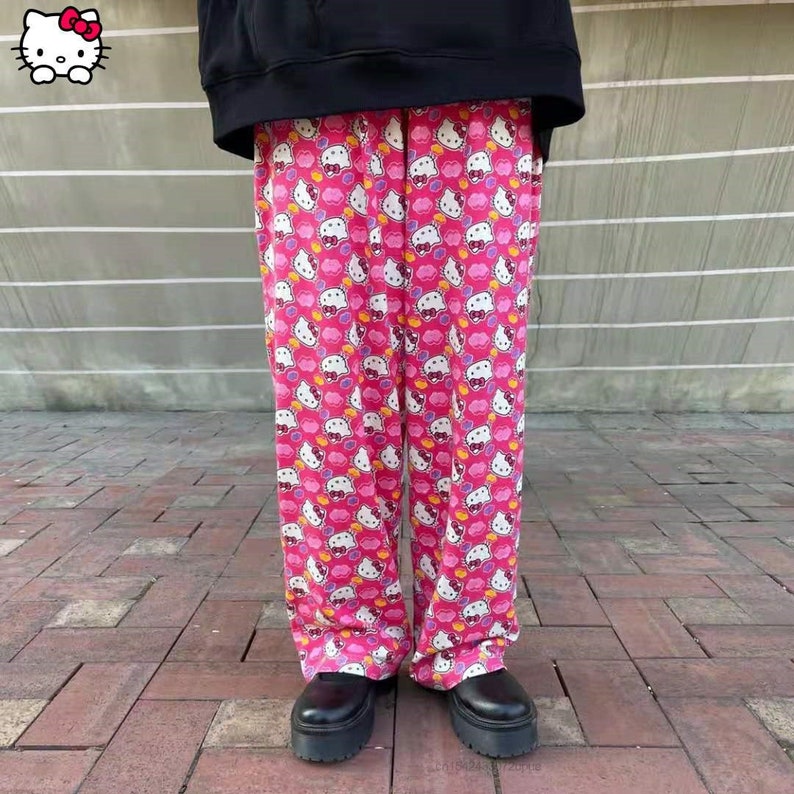 Trousers Women New Wide Leg Pant Sanrio Hello Kitty Lovely Loose High Waist Casual Thin Pants Aesthetic Y2k Traf Fashion Printed 