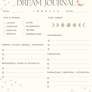 Dream Journal - Analisi dei sogni. Dream Tracker in Italiano. PDF stampabile. PDF per Remarkable, iPad o Tablet.