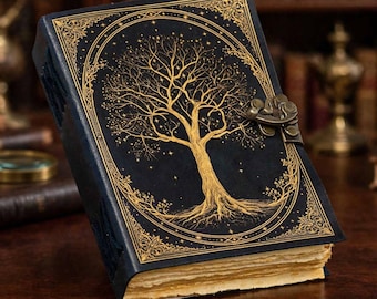 Puede incluir: Un diario negro con una ilustración de un árbol en pan de oro en la portada, encerrada en un marco ovalado. El libro cuenta con un cierre de pestillo metálico en el lado derecho y páginas gruesas de color crema con bordes irregulares.