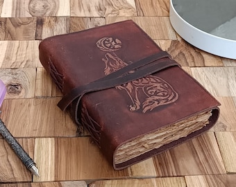 Howling wolf book of shadows journal blank spell book deckle edge paper vintage leather journal notebook unlined Daily diary 7x5 Inch