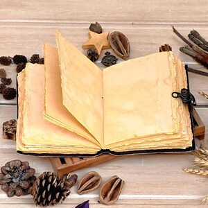 Puede incluir: Un diario abierto de estilo antiguo con p&aacute;ginas envejecidas y amarillentas. El libro encuadernado en negro presenta un cierre decorativo y se encuentra sobre un peque&ntilde;o soporte de madera. Pi&ntilde;as decorativas, vainas de semillas y una estrella de madera rodean el diario.