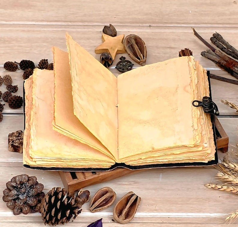 Puede incluir: Un diario abierto de estilo antiguo con p&aacute;ginas envejecidas y amarillentas. El libro encuadernado en negro presenta un cierre decorativo y se encuentra sobre un peque&ntilde;o soporte de madera. Pi&ntilde;as decorativas, vainas de semillas y una estrella de madera rodean el diario.