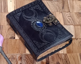 Black Triple Moon Crystal Leather Journal, Blank witche Spell Book Of Shadows Grimoire - Antique Deckle Paper - Sketchbook, sacred geometry