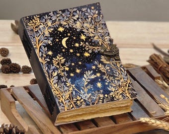 400 Page Large Grimoire leather journal • Moon And Tree Printed Blank spell book of shadows Gifts For women vintage journal.