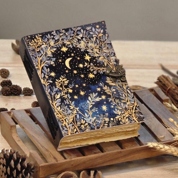 400 Page Large Grimoire leather journal • Moon And Tree Printed Blank spell book of shadows Gifts For women vintage journal.