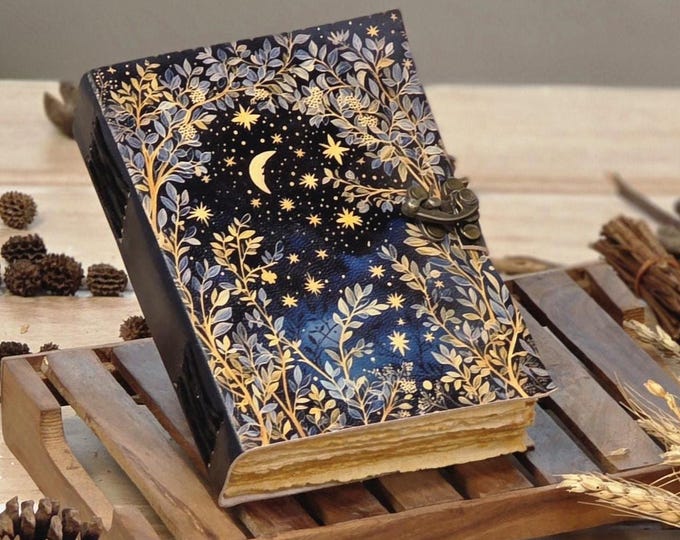400 Page Large Grimoire leather journal • Moon And Tree Printed Blank spell book of shadows Gifts For women vintage journal.