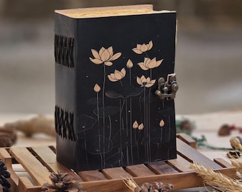 Lotus Leather Journal Handmade Notebook | Floral Sketchbook | Personalized Writing Journal | Vintage Diary with Lock