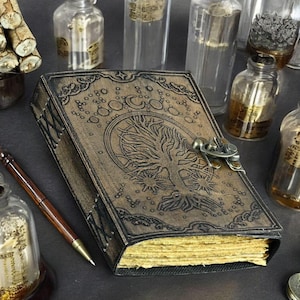 200 Seiten großes Grimoire Leder Journal, Print Baum des Lebens Journal, Blank Zauberbuch Buch der Schatten Leder Himmlische Geschenke für Ihn Sie