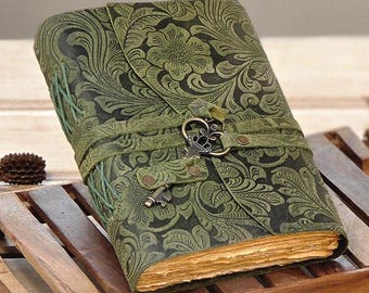 Embossed Green Leather Journal: Floral Spell Book, Deckle Edge Paper