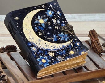 Large Leather Grimoire Journal, Celestial Tree of Life, Blank Book of Shadows
