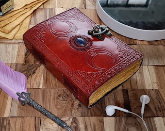 Triple Moon Leather Journal: Wiccan Book of Shadows, Antique Deckle Edge Paper